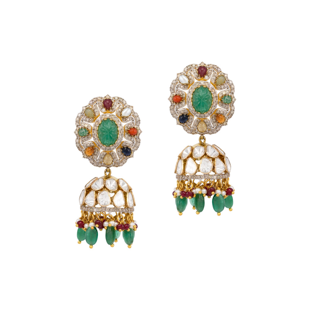Carved Emerald Navratan Jhumki with Polki Dome